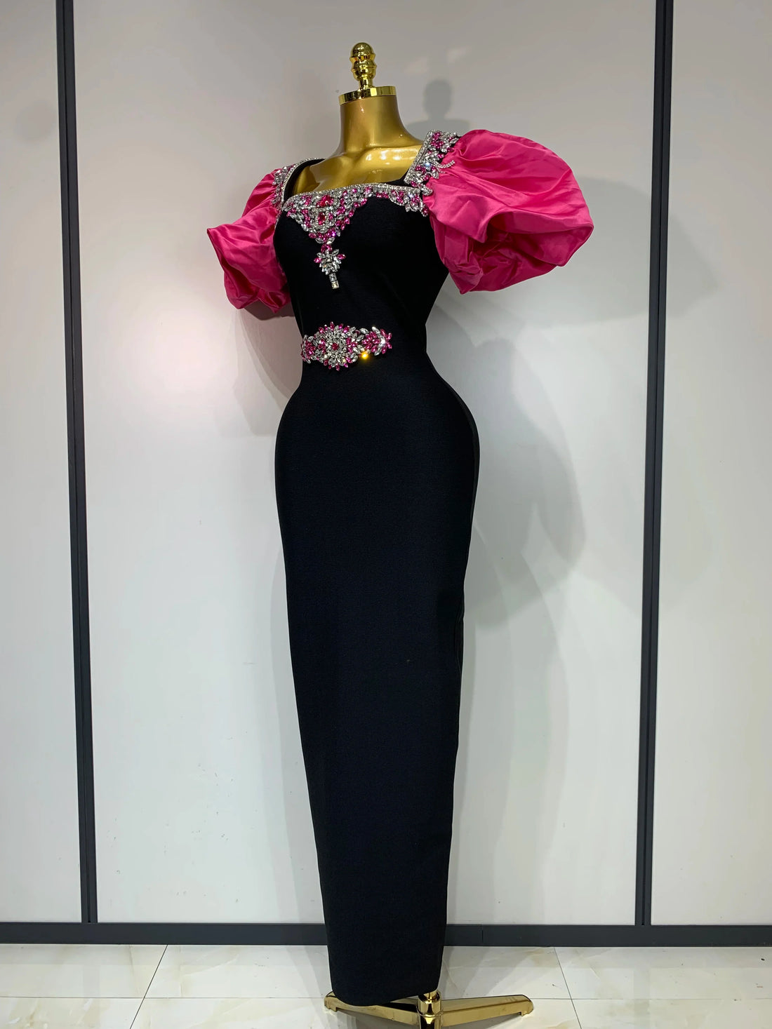 Women Sexy Puff Sleeve Square Collar Shinning Crystal Bodycon Long Bandage Dress Celebrate Evening Party Luxury Birthday Dress