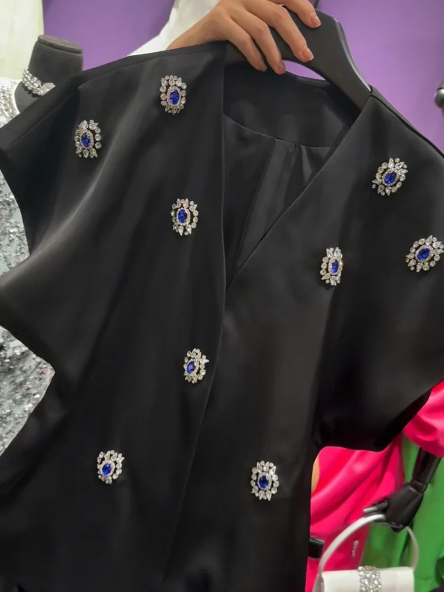 Slimming Elegant Two Piece Sets for Women V Neck Short Sleeves Patchwork Bead Top High Waist Long Skirt Set Female