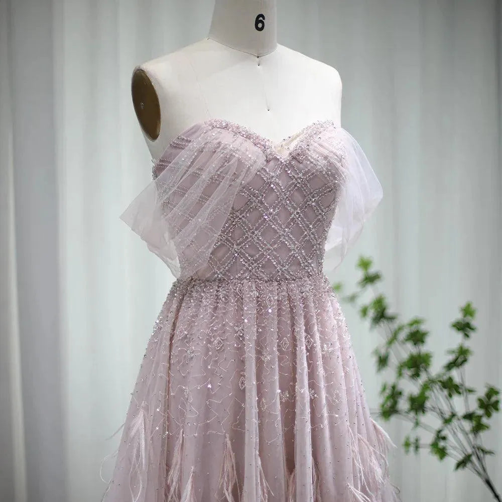 Luxury Feather Pink Dubai Evening Dresses Elegant Off Shoulder Beaded Champagne Formal Dress for Women Wedding Pink Evening Dress