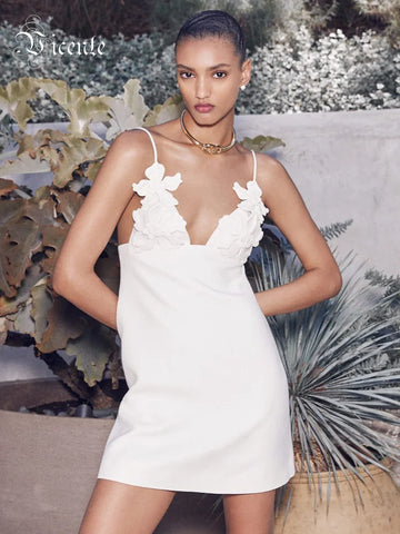 VC Solid Patchwork Appliques Camisole Dresses For Women Square Collar Sleeveless Backless High Waist Mini Dress