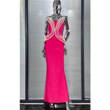 Luxury Pearl Geometric Design Strapless Package Hips Bandage Long Dress Elegant Woman Party Dress Celebrity Party Vestido