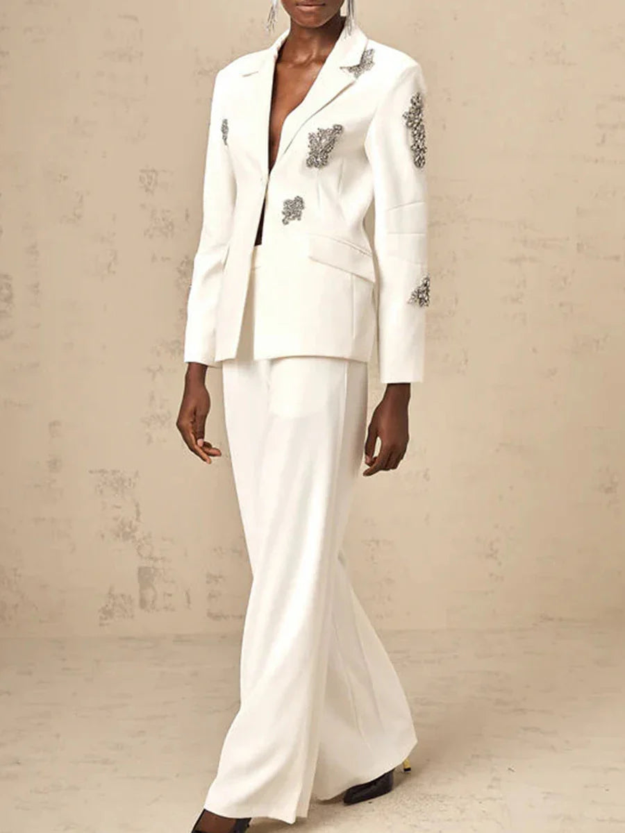 Solid Fashion Two Piece Set for Women Notched Spliced Pockets Blazer High Waist Wide Leg Pants Female Clothing New