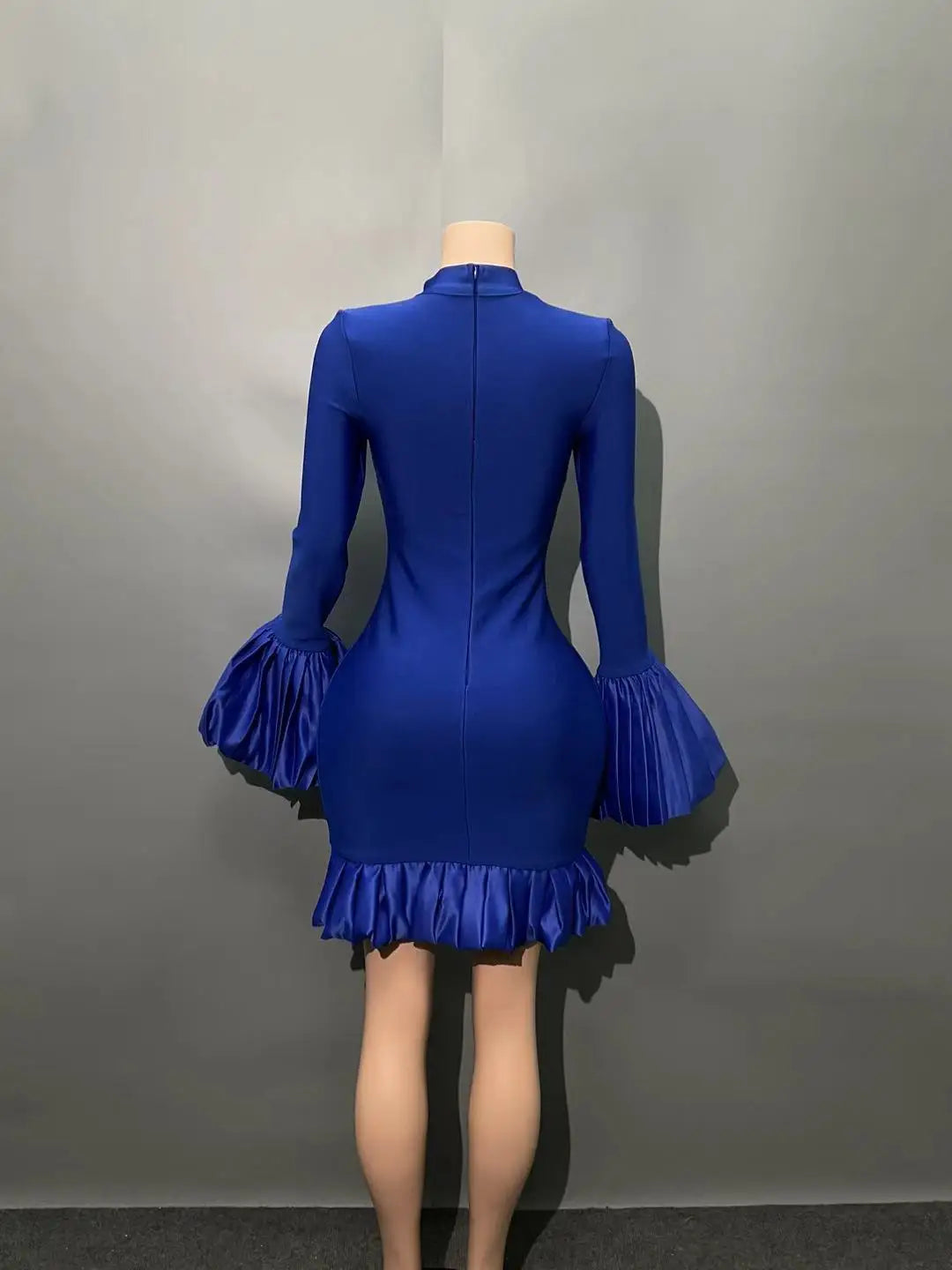 Black Blue Women Long Sleeve Sexy Ruffles Bodycon Mini Bandage Dress Nightclub Party Celebrate Birthday Fashion Outfit Vestido
