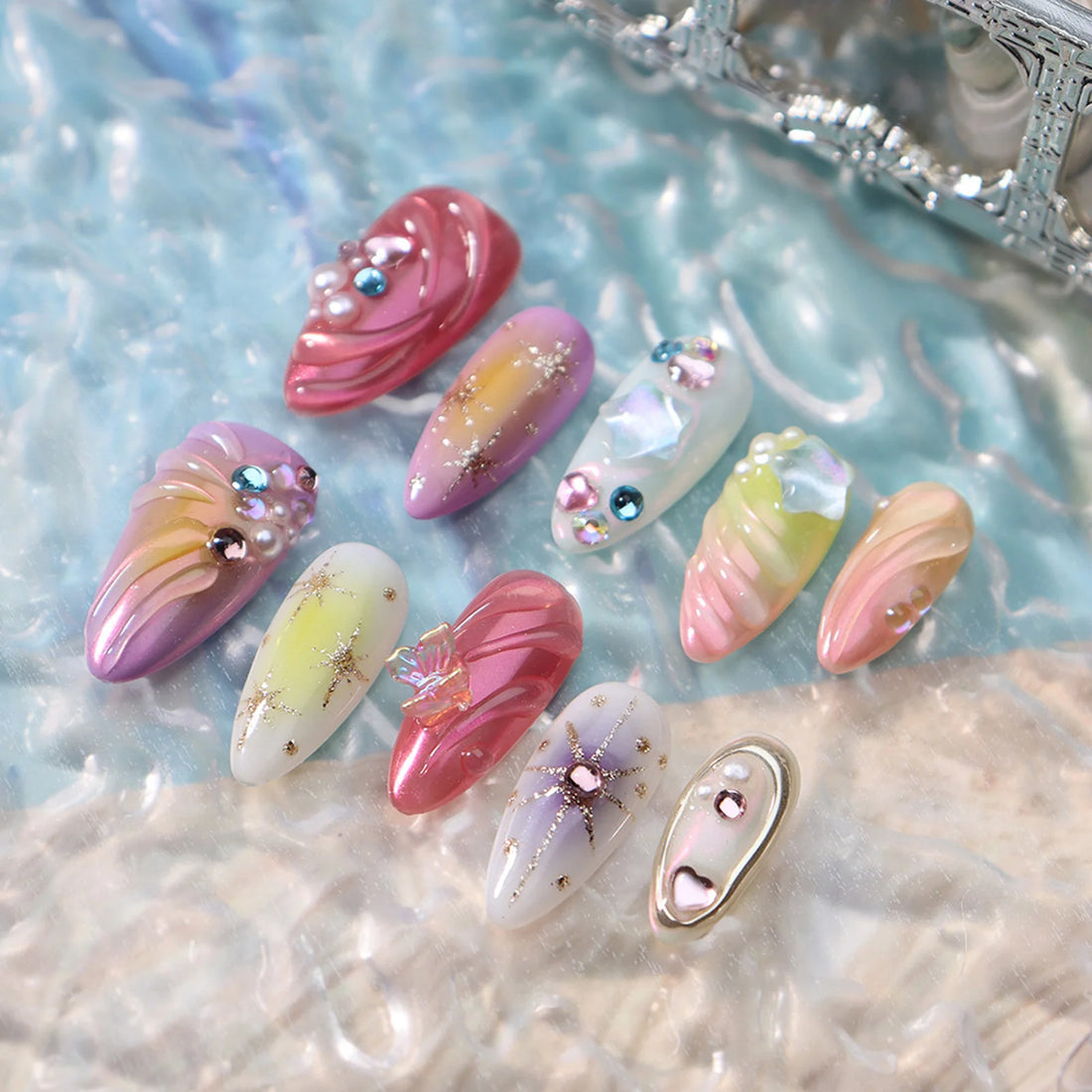 Ocean Series Fake Nail 10pcs Handmade 3d Colored Press On Nails Pearl And Buterfaly Design Almond False Nail Patches Deachable