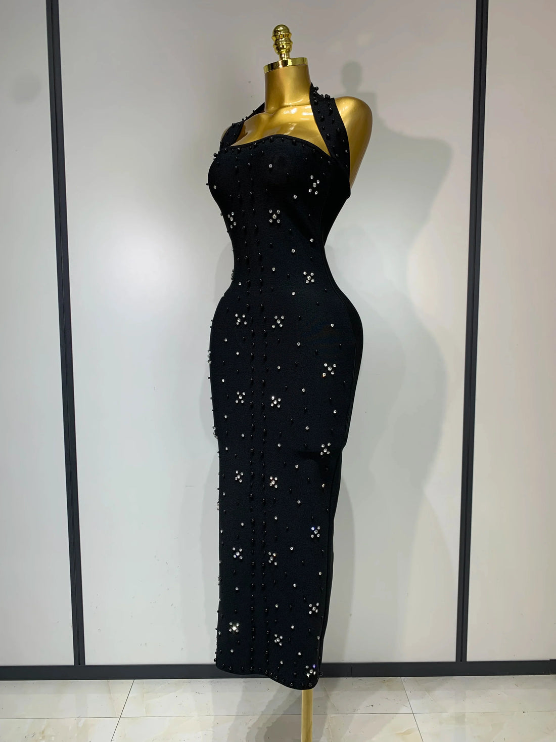 Elegant Sparkly Rhinestone Pearl Halter Backless Bodycon Bandage Long Dress  Women Luxury Birthday Evening Party Gowns
