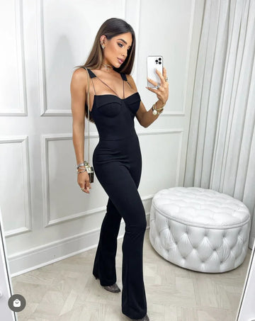2023 Sexy Hollow Out Spaghetti Strap Boot Cut Black Bandage Jumpsuit Fashion's Sexy Woman Evening Party Outfit