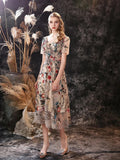 Customized Floral Fancy Tea Length Evening Dresses with Short Sleeves Sexy V Neck Embroidery Flower Prom Gown