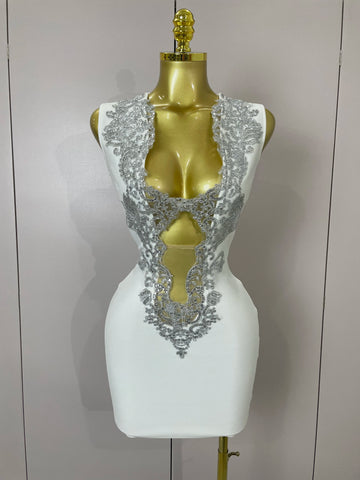 Sexy Silver Sequin White V Neck Cut Out Short Bandage Dress Women 2025 New Elegant Luxury Birthday Party Club Wedding Vestidos