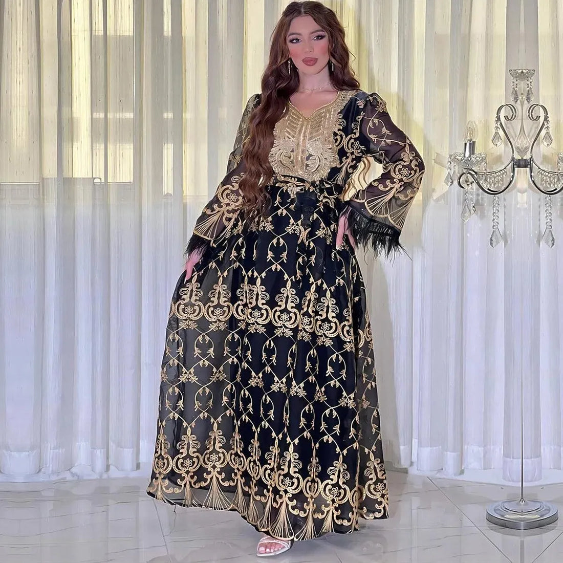 Arab Dubai Embroiled Decal Dress Muscle Party Dinner Gown Round-Neck Dress Muslim Ramadan Long Dress Fashion Women Clothing