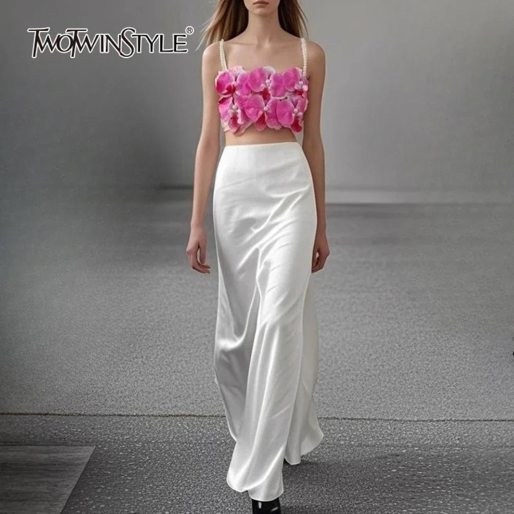 Hit Color Spliced Applique Two Piece Sets for Women Square Neck Sleeveless Vest High Waist Skirt Elegant Set Femlae