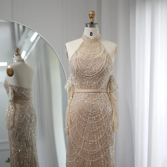 Vestidos de noche de sirena de lujo de Dubái con escote halter y guantes, vestidos de fiesta formales de boda árabes para mujer 