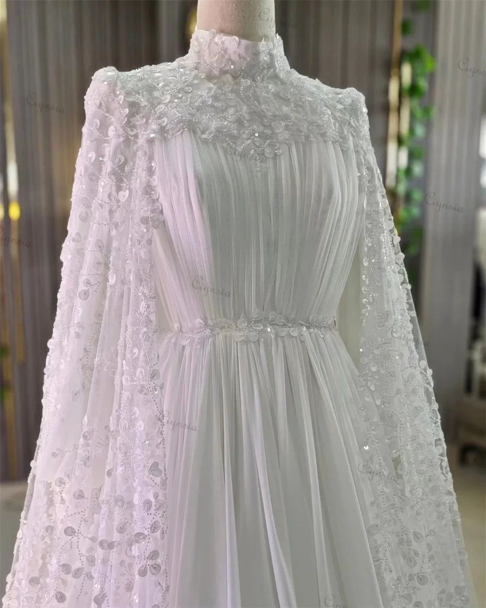 Dubai Muslim Luxury Wedding Dress Beading Lace A-Line High Neck Abito Da Sposa Chiffon Pleated Long Sleeve Bridal Gowns