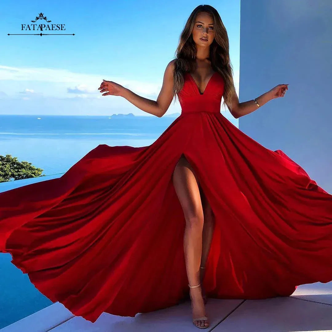 FATAPAESE Sexy Bridesmaid Dresses Satin Simple V Neck High Slit Wedding Guest Party Backless Evening Robe Champagne Prom Gown