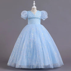 New Fashion Girls Dress Children's Long Wedding Dress Puffy Mesh Princess Bubble Sleeve Girls Birthday Party Dress