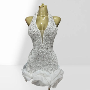 2025 Luxury Diamond Beading Sexy V-Neck Halter Sleeveless White Mini Dress Woman Wedding Party Vestido Birthday Party Outfit