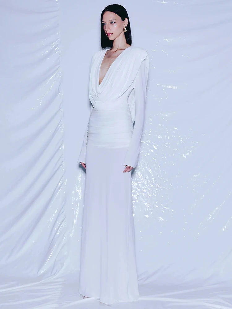 VC White Swinging Collar Long Dress For Women Ruched High Waist Long Sleeves Slim Elegant Evening Party Gowns