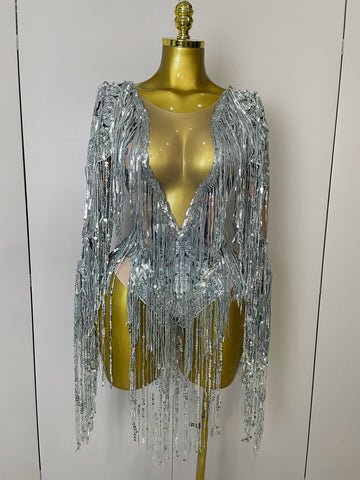 Flashing Sequins Tassels Sexy See-Through Sheath Bodysuit Evening Party Nightclub Dancer Stage Perfprmance Costume
