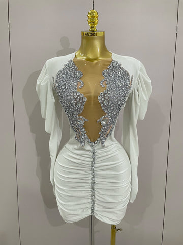 Luxury Sparkly Crystals Sexy Mesh White Velvet Short Dress 2025 Women Elegant Evening Prom Birthday Party Dresses Stage Costume
