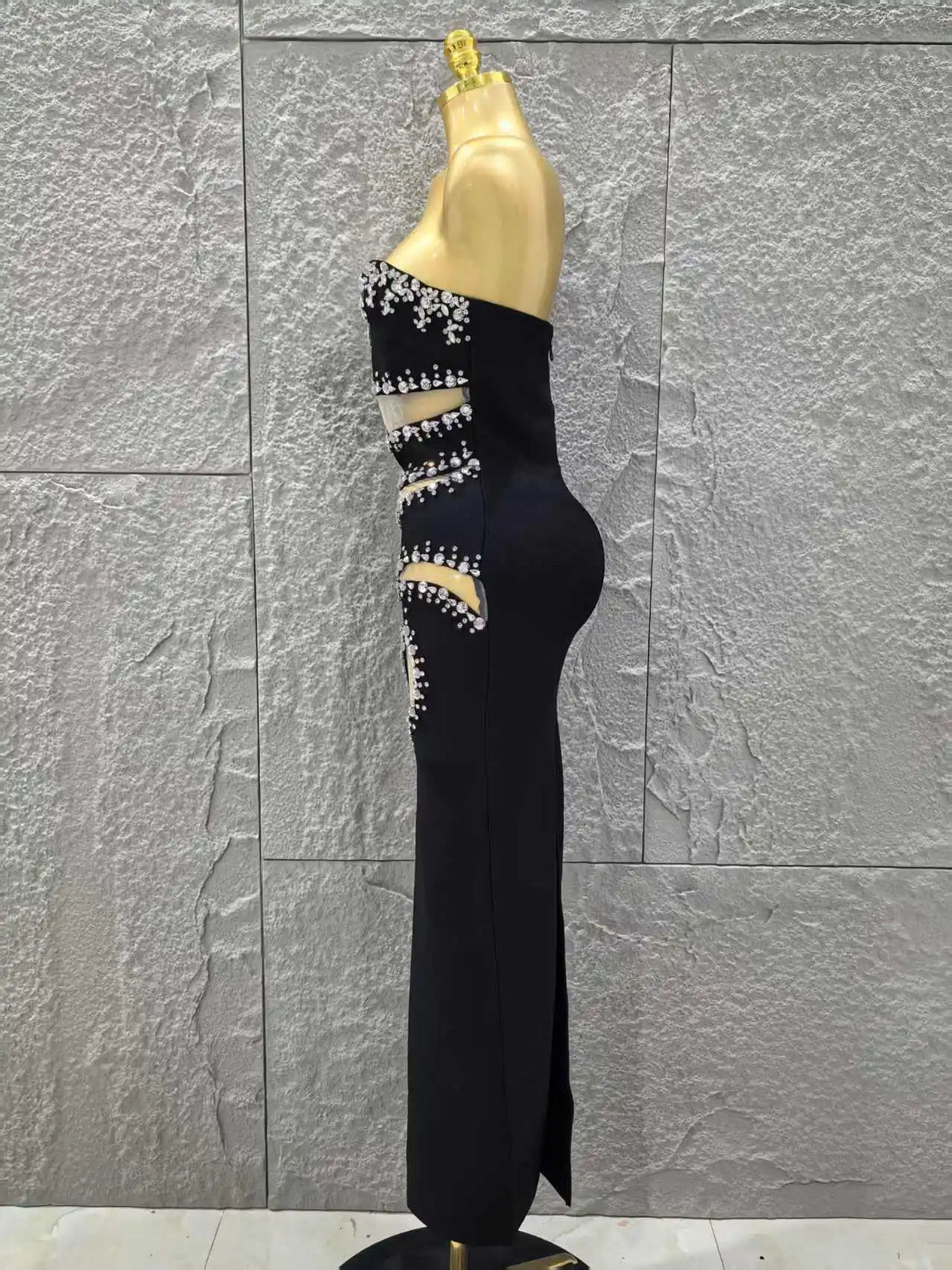 Black Color Women Sexy Strapless Shinning Crystal Mesh Holes Bodycon Bandage Long Dress Celebrate Evening Party Outfit