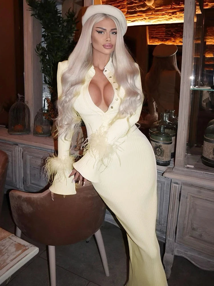 VC Light Yellow Maxi Dress Women Elegant Bodycon Bandage Long Sleeve Feather Design Party Dress Vestidos
