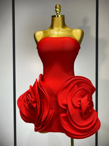 Celebrity Sexy Strapless Backless Flower Red Mini Bodycon Bandage Dress  Knitted Elegant Evening Club Luxury Birthday Dress
