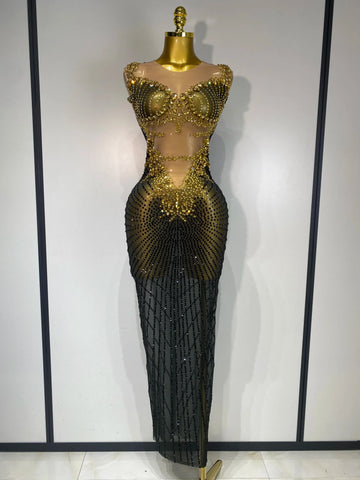 Women Sexy Sparkly Rhinestones Sleeveless Long Dress 2025 Club Birthday Celebrate Evening Photo Shoot Stage Performance Costume