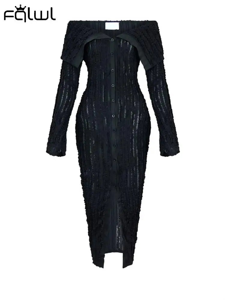 Habbris Schwarzes sexy trägerloses langes Kleid Party Club Outfit für Frauen 2023 Herbst Langarm gestricktes Maxikleid Mode Split Kleid 