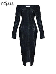 Habbris Schwarzes sexy trägerloses langes Kleid Party Club Outfit für Frauen 2023 Herbst Langarm gestricktes Maxikleid Mode Split Kleid 