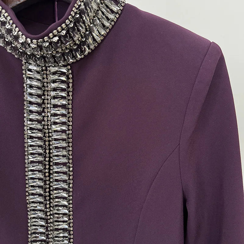 TWOTWINSTYLE Solid Hollow Out Spliced Bead Dresses for Women High Neck Long Sleeves Patchwork Split Elegant Dress Female Clothes