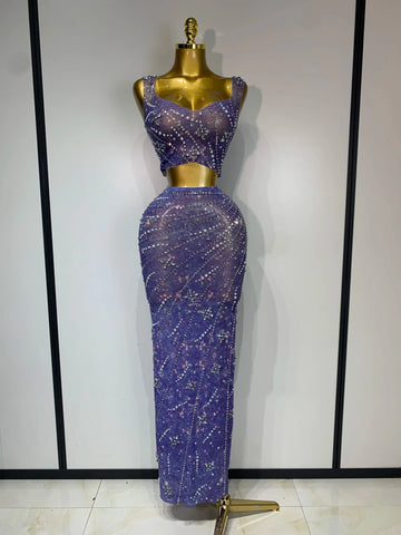 Sparkly Rhinestones Top Long Skirt Two Pieces Set Women Celebirty Luxury Birthday Dress Nightclub Stage Performance Costume