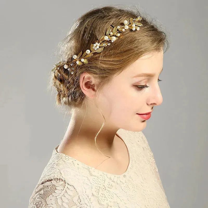 Gold Color Crystal Pearl Leaf Headband Tiara For Women Bride Party Bridal Wedding Hair Accessories Jewelry Vine Band Hairband