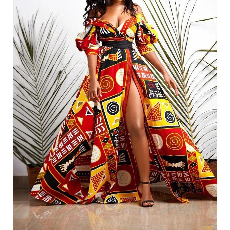 African Women Dress Dashiki Print Ankara Dresses Summer Sexy V-neck Backless High-waist Maxi Dress Kanga Clothing