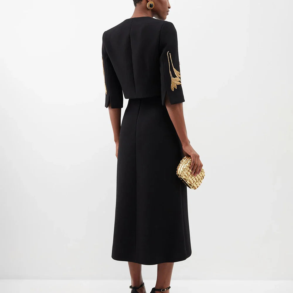 Colorblock Chic Two Piece Sets For Women O Neck Half Sleeve Coat High Waist Skirt Elegant Set Female Fashion Style