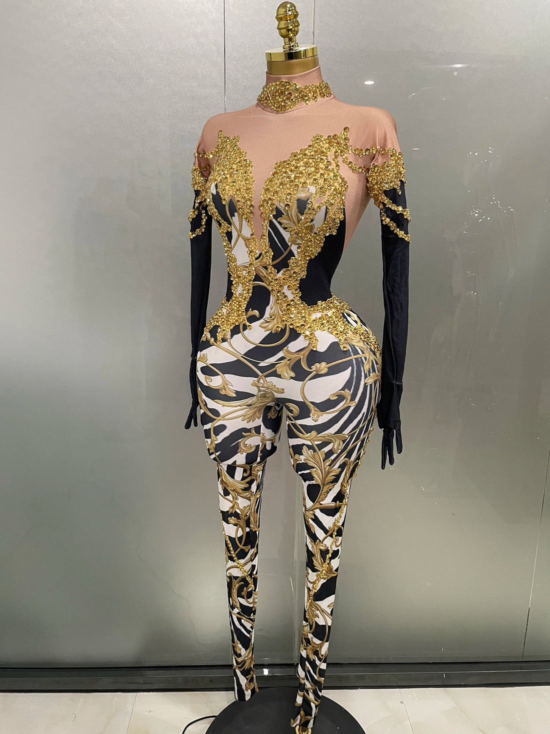 Sparkly Gold Rhinestones Jumpsuit With Gloves 2025 New Women Sexy Printed Party Nightclub Bar Singer Stage Performance Costume