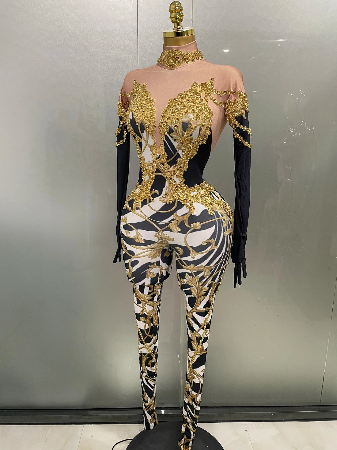 Sparkly Gold Rhinestones Jumpsuit With Gloves  New Women Sexy Printed Party Nightclub Bar Singer Stage Performance Costume