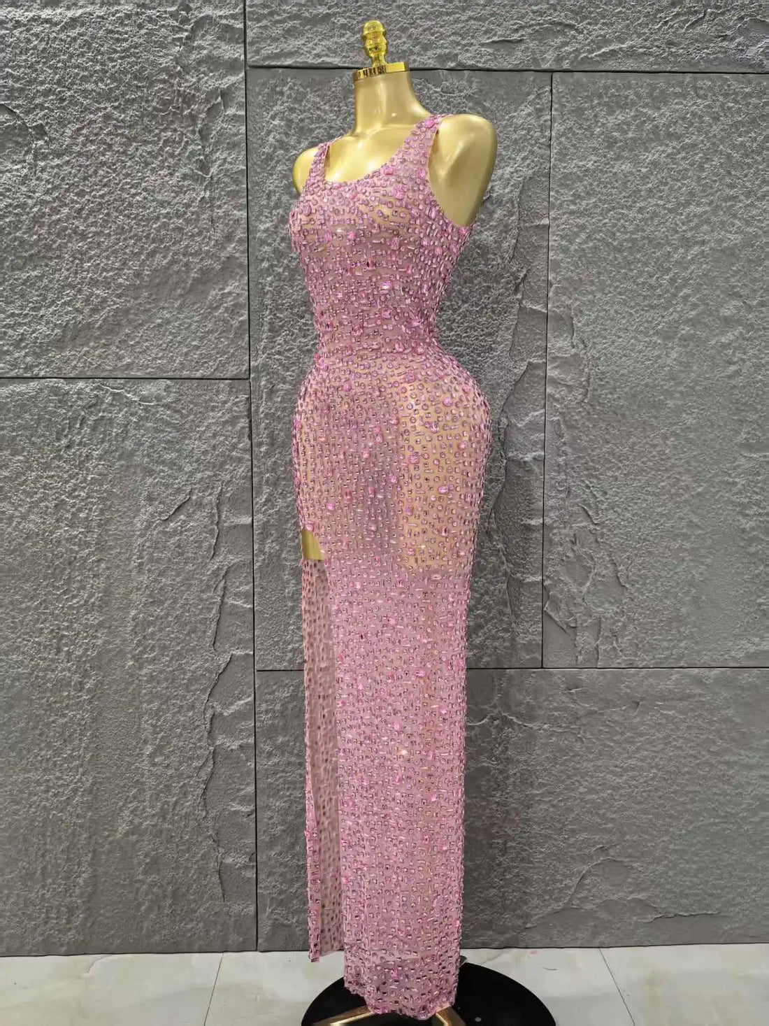 Handmake Top Quality Women Sleeveless Sexy O-Neck Mesh See Through Full Crystal Bodycon Long Dress Birthday Party Stage Wear