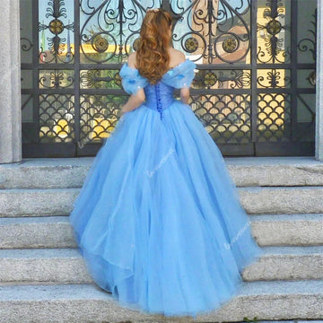 Blue Princess Evening Dress Off The Shoulder Lace Up Back Prom Dresses Lace Applique Tulle Gorgeous Formal Party Gowns Vestido D