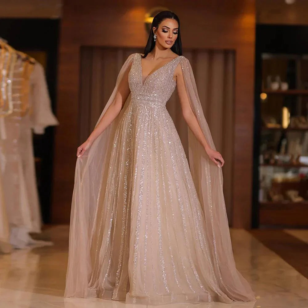 Luxury Nude Dubai Evening Dress with Cape Sleeves Blush Pink Arabic Formal Dresses for Women Wedding Party Evening Dress