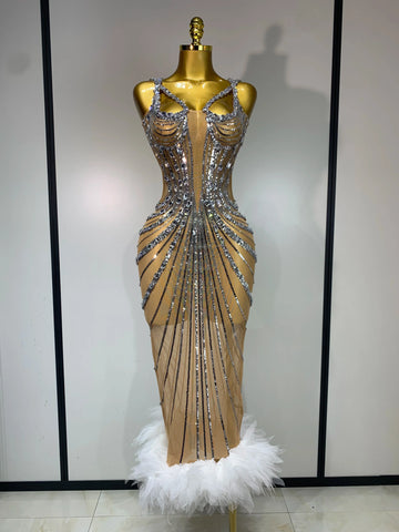 Sexy Silver Rhinestone White Mesh See Through Long Dress Women Luxury Birthday Party Prom Gown Singer Nightclub Stage Outfit