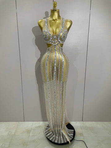 Luxury Sparkly Diamonds Sequins Sexy Mesh See Through Long Dress  Women Celebrate Birthday party Dresses Festival Costume
