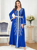 Leaf Embroidered Moroccan Oriental Dress Evening Party Kaftan for Women Belted Arabic Gown Islamic Caftan Muslim Abaya Ramadan