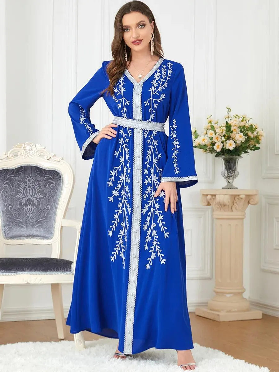 Leaf Embroidered Moroccan Oriental Dress Evening Party Kaftan for Women Belted Arabic Gown Islamic Caftan Muslim Abaya Ramadan