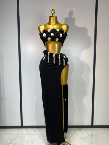 Women Sexy Flower Strapless Top High Slit Long Skirt Elegant Evening Party Two Piece Set Luxury Birthday Club Gown