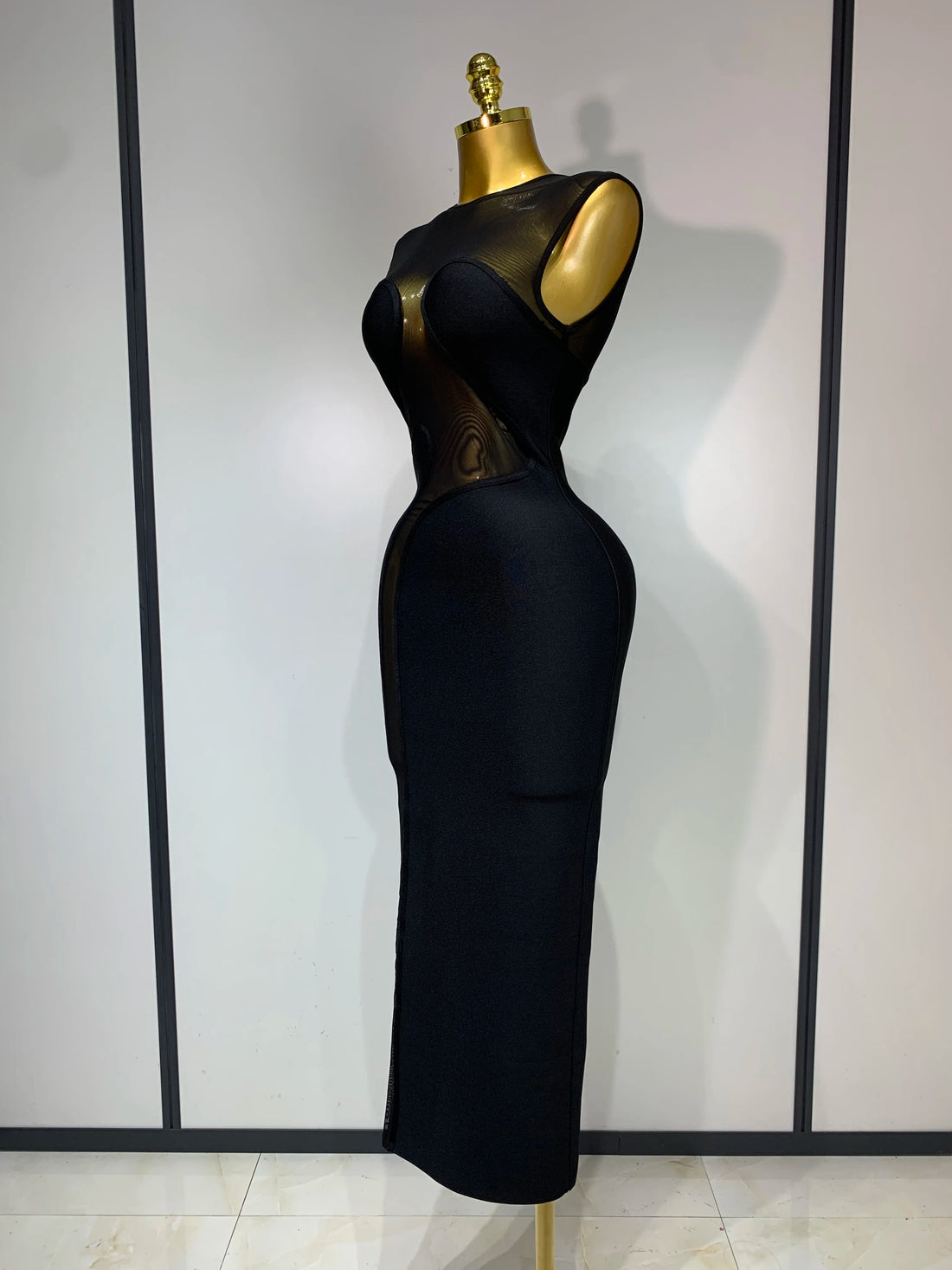 Women Sexy Mesh Patchwork Bandage Round Neck Sleeveless Bandage Dress Celebrity Elegant Evening Party Dress Club Wedding Gown