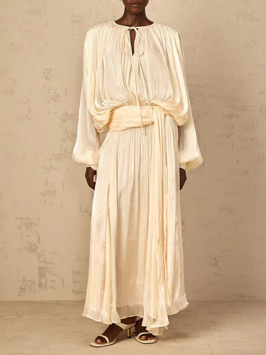 Solid Loose Spliced Folds Elegant Dresses for Women Round Neck Long Sleeves Patchwork Lace Up Dress Female Fashion