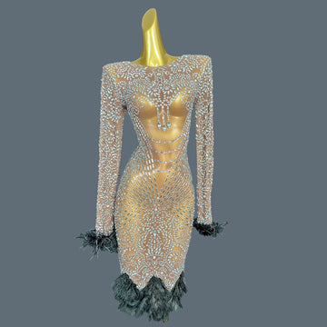 Women's High-end Clothing Dinner Party Sparkly Rhinestone Evening Dress Mesh Feather Dress Bodycon Club Prom Maxi Dress Pangxie