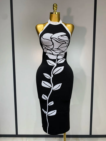 Women Fashion Celebrity Sexy Backless Rose Flower Midi Black Jacquard Bandage Dress 2025 Elegant Evening Club Party Dresses