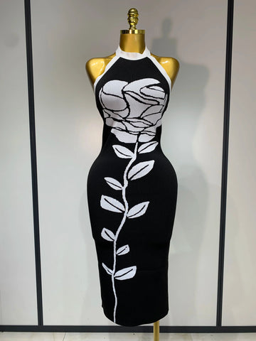 Women Fashion Celebrity Sexy Backless Rose Flower Midi Black Jacquard Bandage Dress  Elegant Evening Club Party Dresses