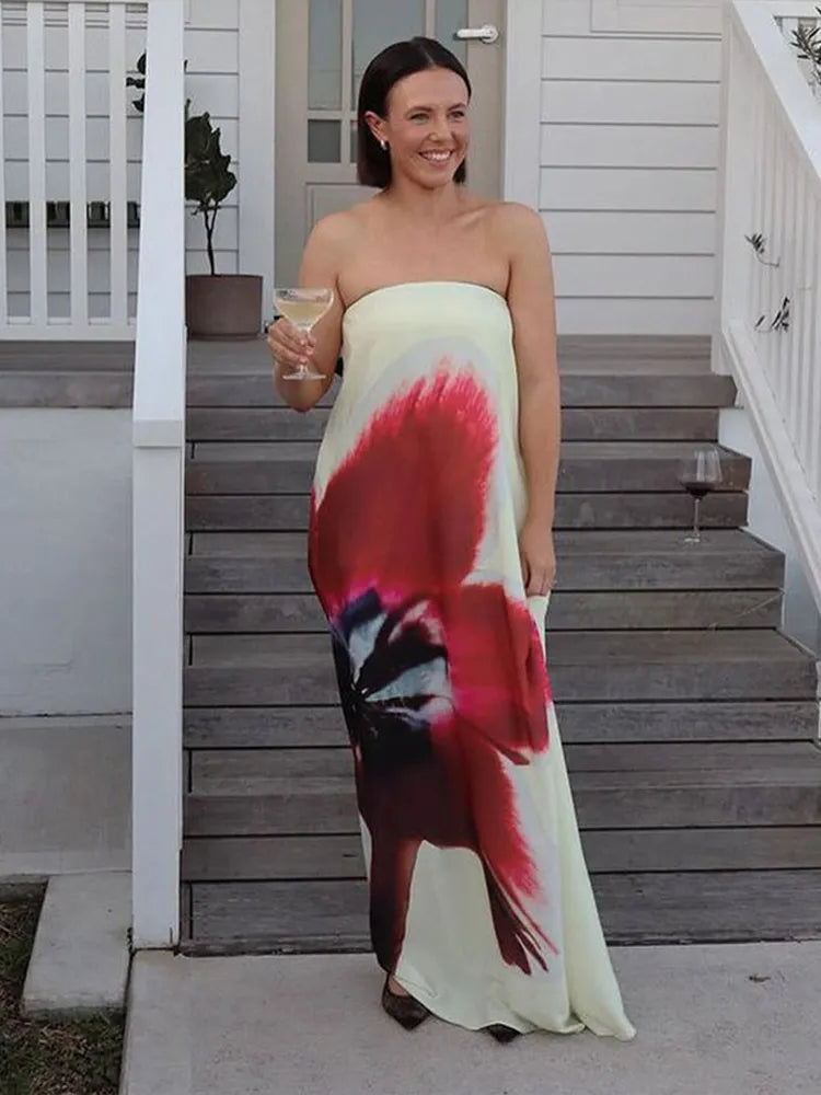 Chic Flower Printed V Neck Beach Dress For Women Fashion Sleeveless Backless Ruffles Midi Dresses 2025 Summer Lady Holiday Robes MULTI