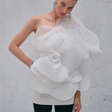 Robe d'été pour femme, sexy, une épaule, sans manches, patchwork 3D en mesh floral, robe mini satinée blanche